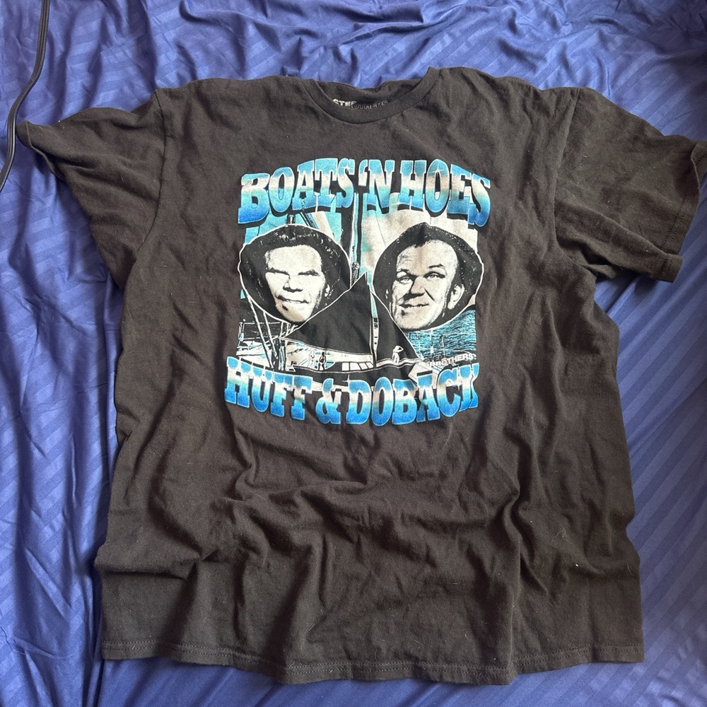 Black Graphic T-Shirt with Blue and White Print